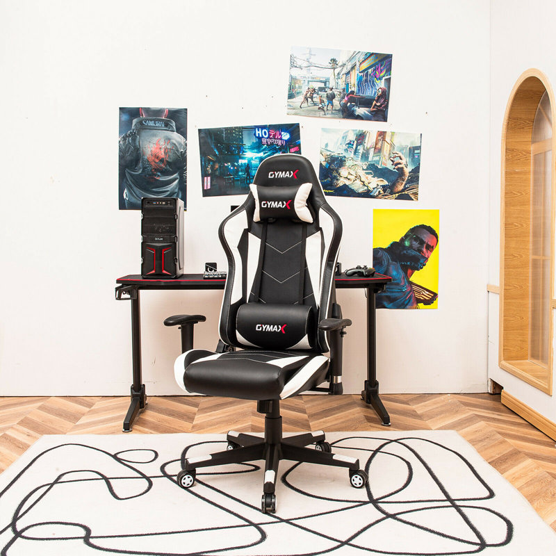 Fauteuil de jeu et de course inclinable ergonomique en similicuir Gymax, Blanc