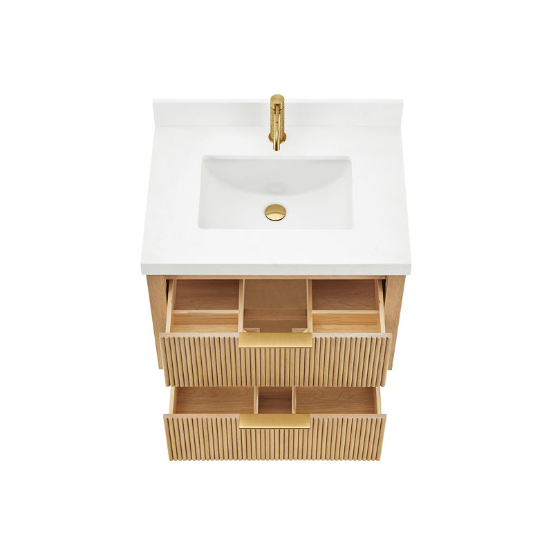Barcelona 30" Floating Single Bath Vanity in Washed Ash Grey with White Quartz Stone Top, 30", Washed Ash Gray/Brushed Gold