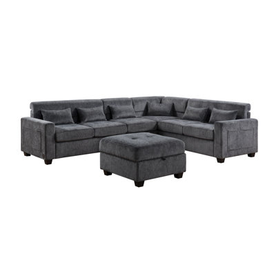 Rozar 115"W Gray Chenille Sectional Sofa With Adjustable Backrest, Charging Ports, Pockets, Tufting, Storage Ottoman, Throw Pillows