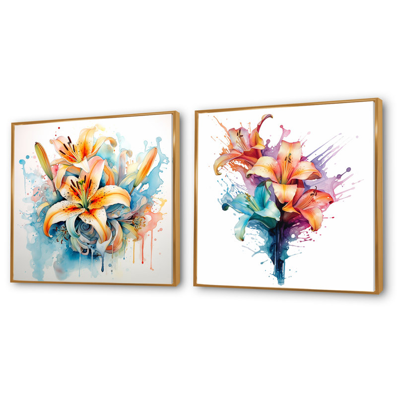 Aquarelle élégante lis pureté - ensemble de 2 carrés de lys, Cadre flottant doré, H 30 po x l 61 po