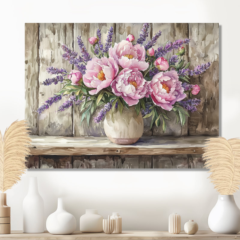 Dondrea pivoines et lavande Bouquet I - pivoines, art mural, H 30 po x l 40 po, Toile tendue, Ne s’applique pas