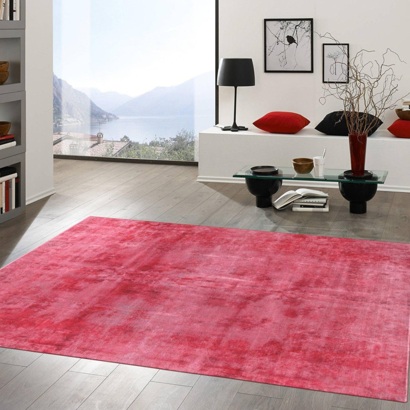 Tapis rose abstrait en laine / coton abstrait fait à la main 7 pi 7 po x 11 pi 8 po