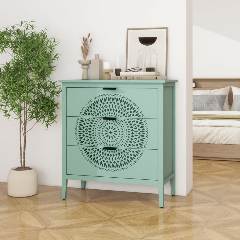 Commode 3 tiroirs avec commode en bois sculpté creux avec poignées en métal, Vert clair