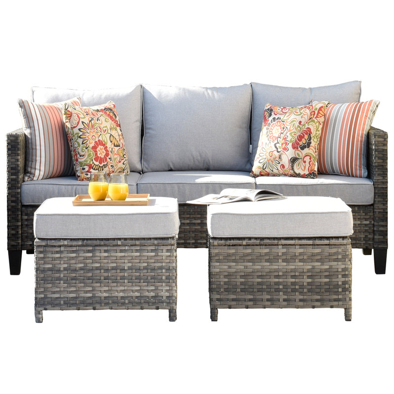 Allcot 3 - Person Wicker Rattan Outdoor Seating Group with Pillows, Cushions and Ottomans, All Weather High Back Conversation Set for Garden Backyard