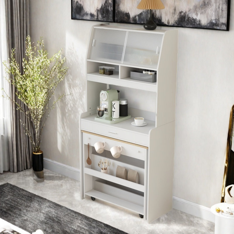 Buffet avec huche et table de salle à manger pliable, tablettes de rangement, crochets latéraux et armoire avec portes coulissantes