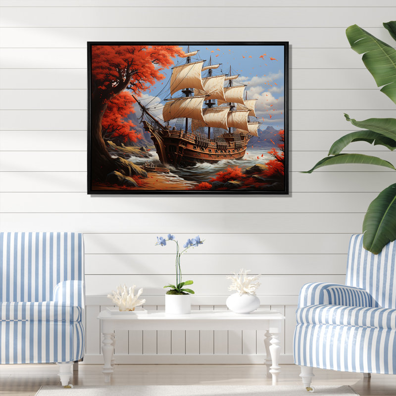 Caraïbes, crique de pirate 2 - Art mural pirate, Cadre flottant blanc, H 16 po x l 32 po x P 1 po
