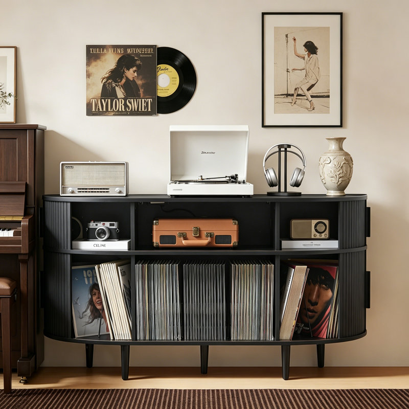 Corner Record Player Stand with Charging Station and USB Ports,Mid Century Vinyl Storage Cabinet for Music Room Living Room Small Space