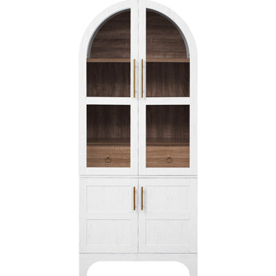 Tall Arched Kitchen Pantry Cabinet with Door Shelves, Farmhouse Kitchen Storage Cabinet with Open & Adjustable Shelves, Hidden Drawer & Glass Door, Cupboard