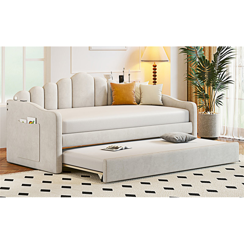 Upholstered Daybed With Trundle, Beige