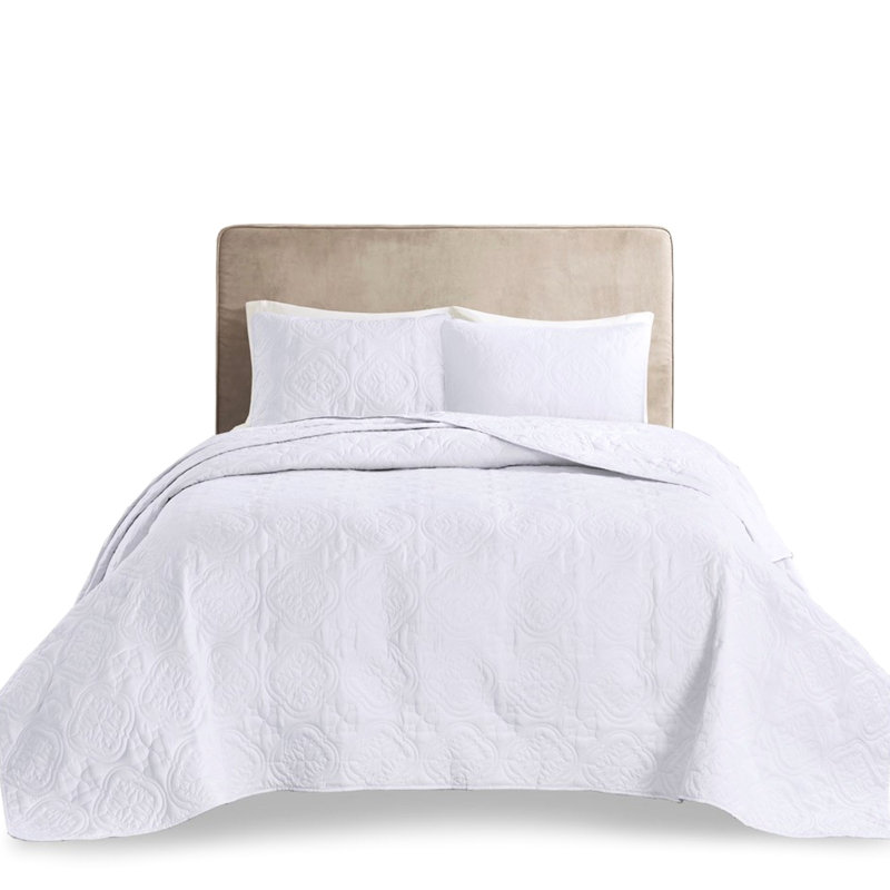 Couvre-lit double / grand en blanc - 3 pièces, réversible, microfibre douce, 2 taies décoratives, rembourrage, lavable à la machine