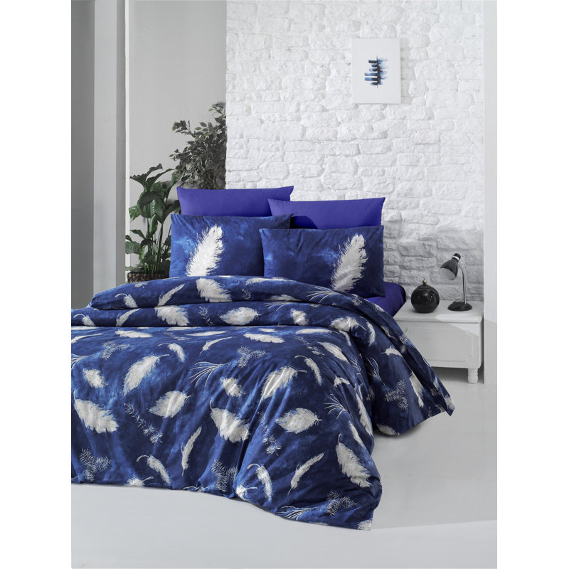 Ensemble de housse de courtepointe Luxury Ranforce King, bleu foncé et blanc, 78,7 x 86,6 pouces | 100% coton, 145 fils | Lavable à la machine, enveloppe et fermeture à boutons | Doux et respirant pour un confort ultime