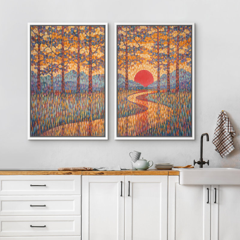 «Autumn Forest Sunset Path Landscape», reproduction d'art sur toile encadrée, 2 pièces, H 36 po x l 24 po x P 1,5 po, Blanc