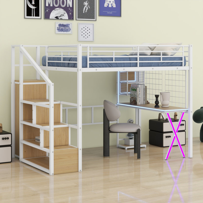 Lit mezzanine en métal avec poste de travail intégré, garde-robe, escalier de rangement et DEL, Double