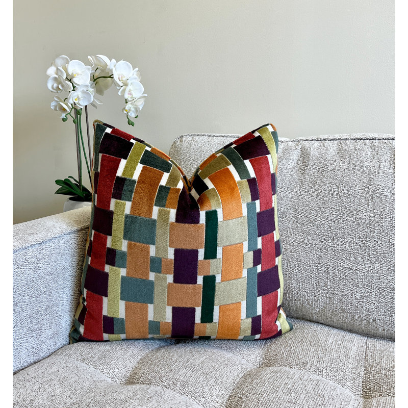 Housse de coussin en velours Ava, Orange géométrique, H 20 po x l 20 po