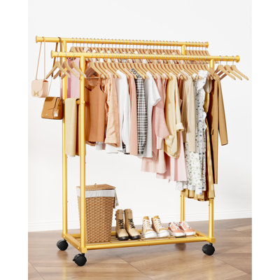 Metal Clothes Rack - Double Rod Clothing Rack with Fixed Design and Rolling Wheels, Coat Rack with Built-In Shelf for Closet Organizers and Storage (38.5" x 16.9" x 59.0", Gold)