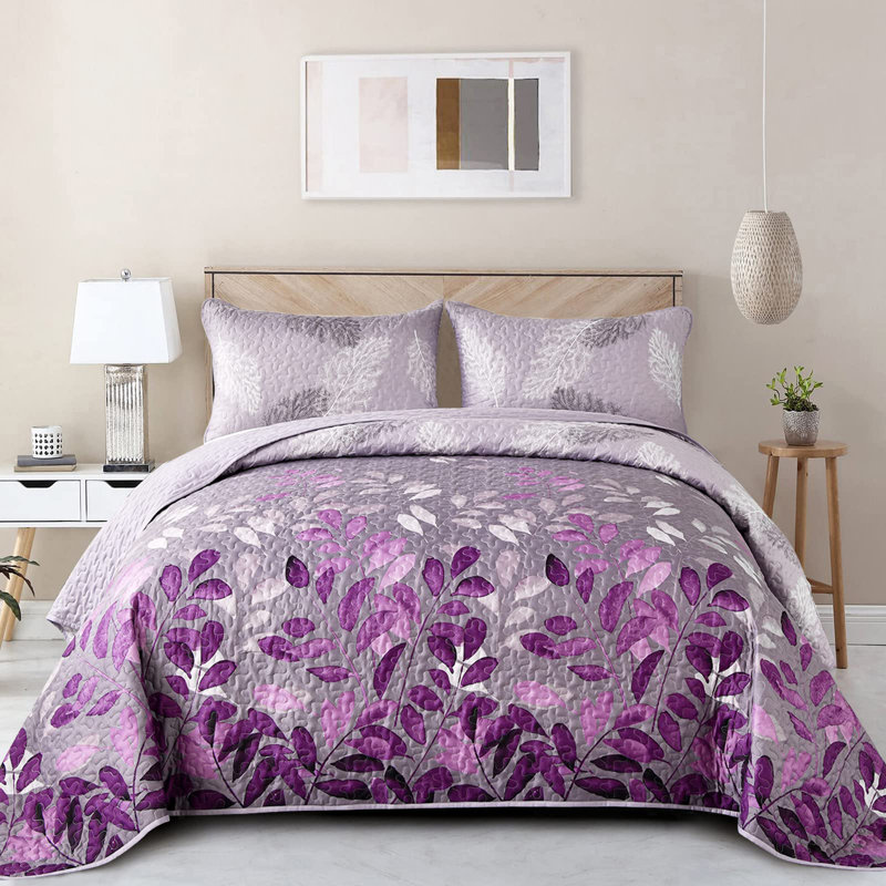 3 Pieces Soft Microfiber Lightweight Gradient Floral Quilt Set, Queen Quilt + 2 Queen Shams, Purple