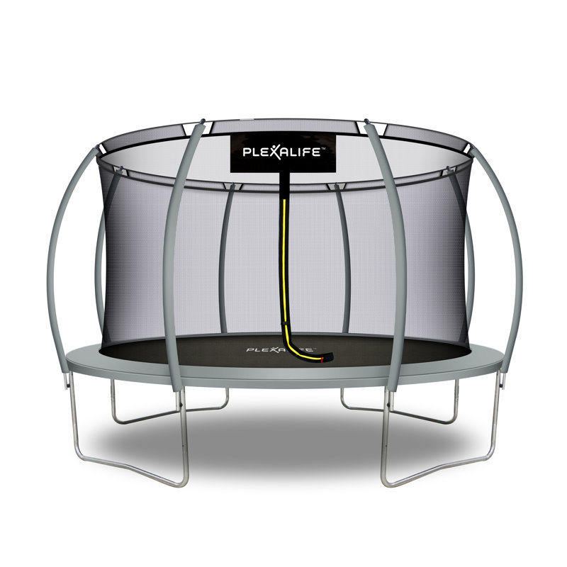 Machrus Moxie Pumpkin-Shaped Outdoor Trampoline Set with Top-Ring Frame Safety Enclosure, 14 FT, Gray