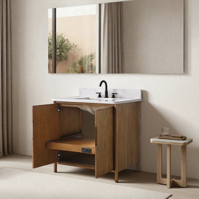 Lucerne 36" Single Sink Freestanding Bathroom Vanity with Engineered Stone Top, Hidden Power Station, USB Charging Shelf & Hair Dryer Holder 