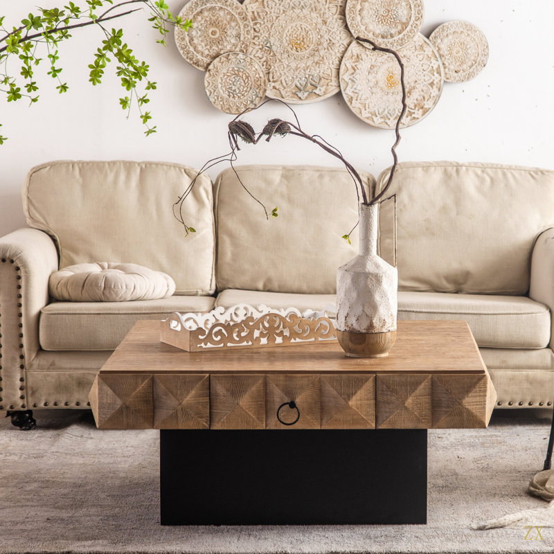 Table basse carrée tridimensionnelle rétro à motif en relief avec 2 tiroirs et base en panneau de fibres à densité moyenne