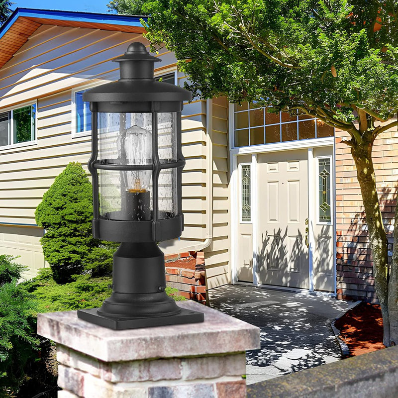 Outdoor Post Lights, Exterior Post Sconce, Outdoor Lamp, Pathway Post Lighting Fixture, Patio Pillar Light In Black Finish With Seeded Glass