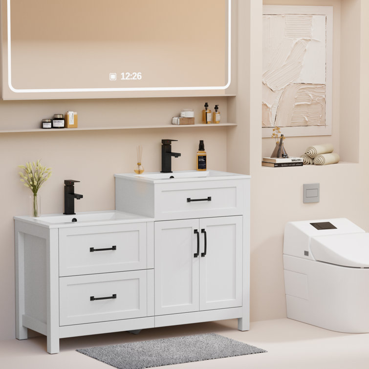 Gada 48" Double Sink Bathroom Vanity Base Only, Compatible with 2 Separated 24” Ceramic Tops, Different Height for Kids and Adults