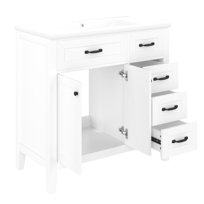36" Bathroom Cabinet - Freestanding With Ceramic Sink, Drawers, Vanity Modern Solid Sink And, White