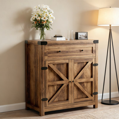Barn Door Coffee Cabinet Drawer/Shelf Wide Top Brown Kitchen