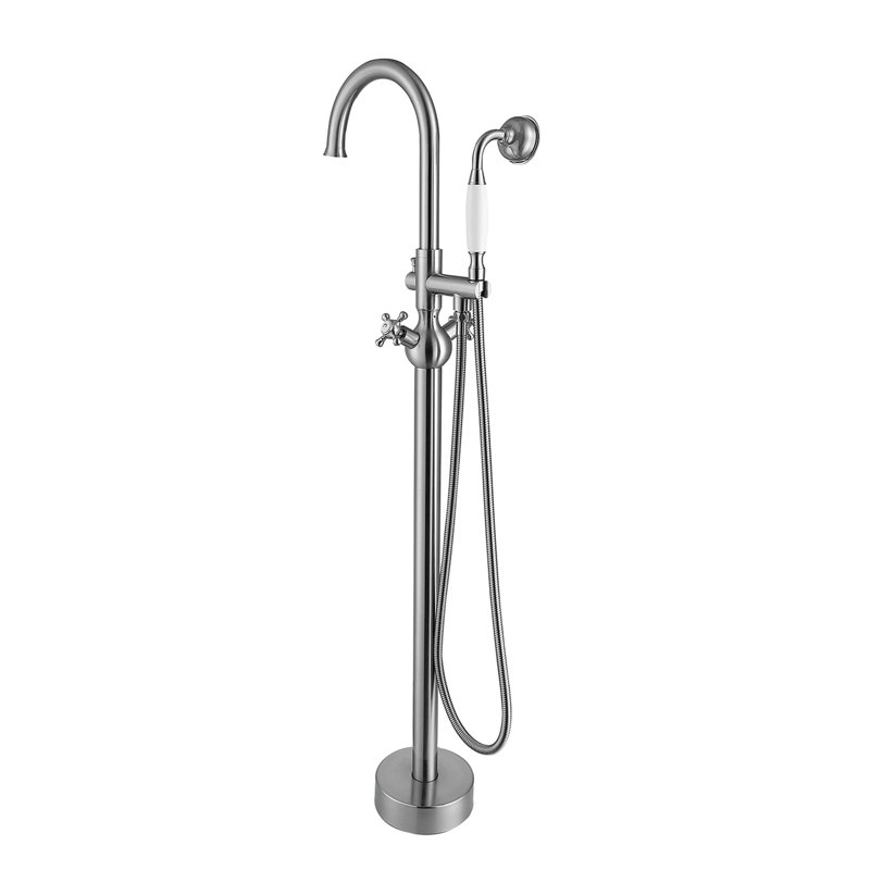 Topcraft Single Handle Floor Mounted Freestanding Tub Faucet with Handheld Shower, Brushed Nickel