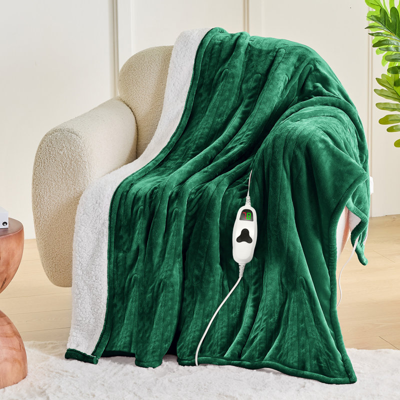 Soft Sherpa & Flannel Electric Heated Blanket with Auto Shut-Off and Overheat Protection, Full, Green