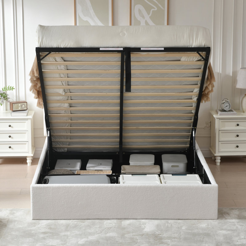 Lit plateforme tapissier avec rangement Gaillarde, Grand, Blanc