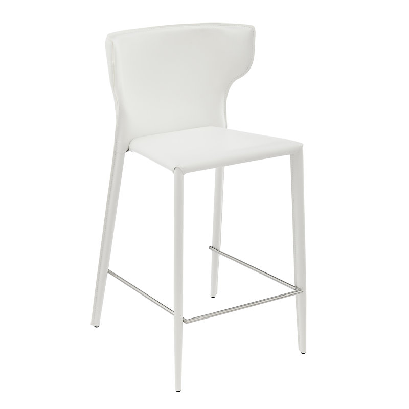 Divinia Bar Stool In Gray Regenerated Leather - Set Of 2, Counter Stool (25.6” Seat Height), White Faux Leather