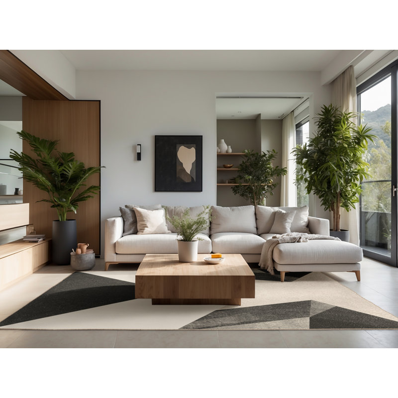 Tapis beige moelleux doux à motif géométrique minimaliste Kamena, Carré 3 pi