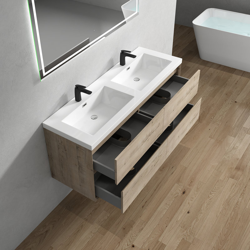 Seavy 58.6'' Double Bathroom Vanity with Acrylic Top, Light White Oak