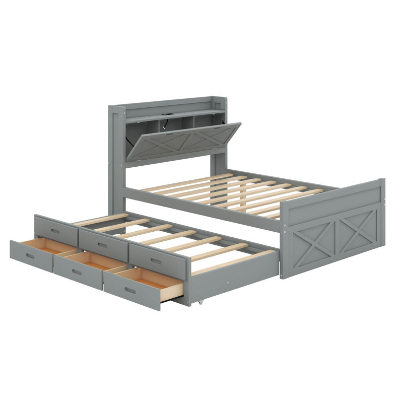 Lit double en bois avec lit gigogne et tiroirs, Grey