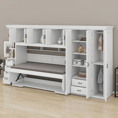 Lit escamotable multifonctionnel avec garde-robe, bureau et armoire