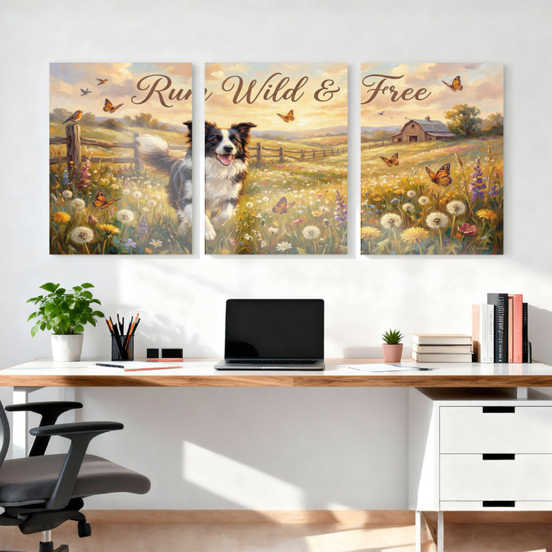 Ensemble de 3 toiles murales représentant un Border Collie dans un champ de fleurs avec papillons et oiseaux. Décoration murale champêtre pour salon, chambre à coucher et intérieur.