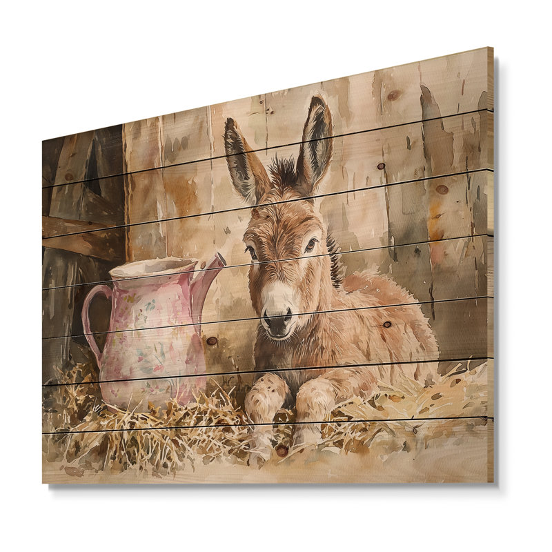 Portrait d'âne à la ferme I - Art mural en bois d'âne - sur bois de pin naturel, H 10 po x l 20 po