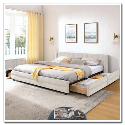 Cadre de lit rembourré avec tissu épais, cadre de lit rembourré confortable, tissu chenille, avec tête de lit et cadre de lit solide. Avec tiroir pour le rangement