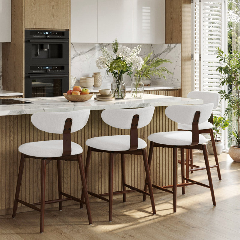 Tabouret de bar pivotant rembourré en mélange de coton avec dossier incurvé, Beige