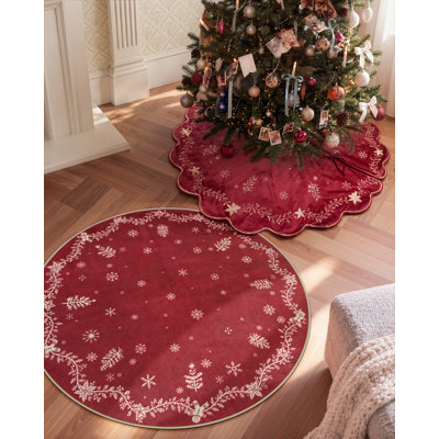 Christmas Snowflake Washable 4' Round Area Rug and 48" Embroidered Velvet Tree Skirt Set, Red Non-Slip Holiday Decor