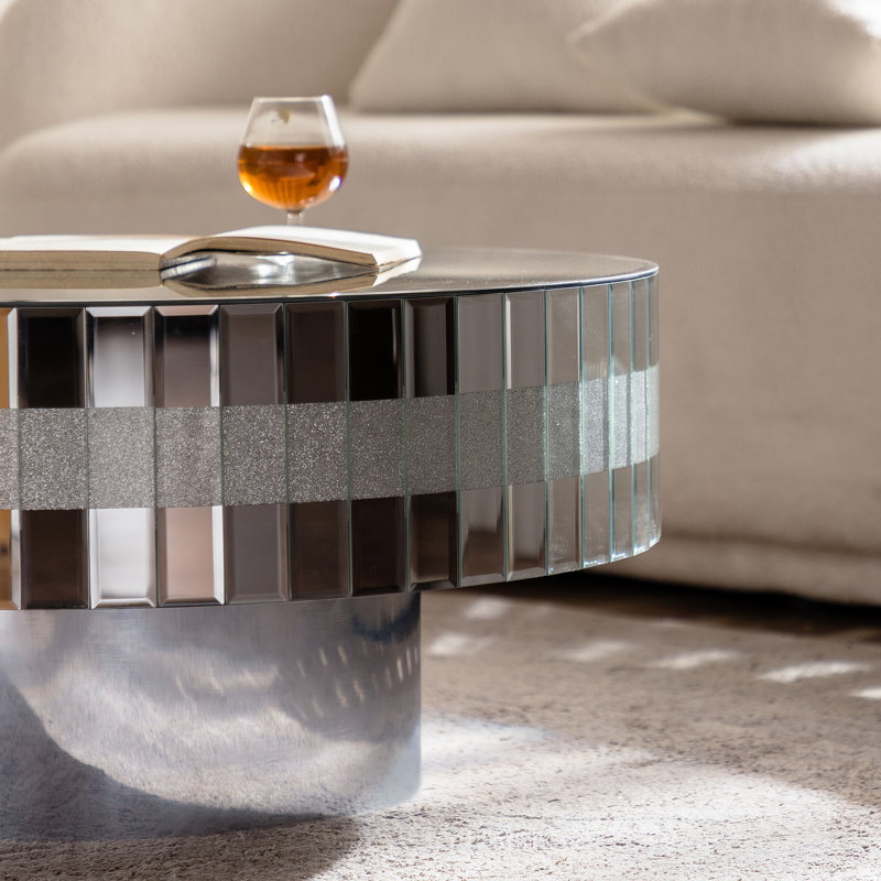 Table basse ronde en miroir argenté avec diamants écrasés - Centre de table moderne et luxueux en acrylique et verre