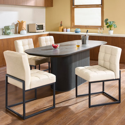 Beige Faux Leather Dining Chairs Set of 4, Mid-Century Modern Dining Room Chairs with Armless, Checkered Kitchen Chair with Metal Legs