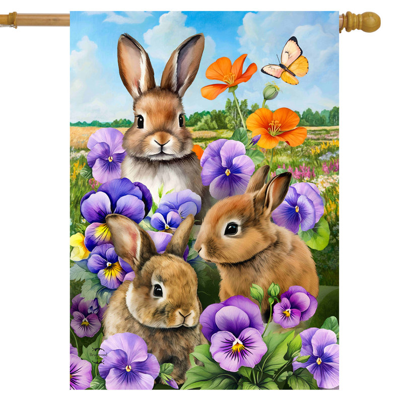 Drapeau de maison Spring Bunny Trio, Lapin brun/violet/orange