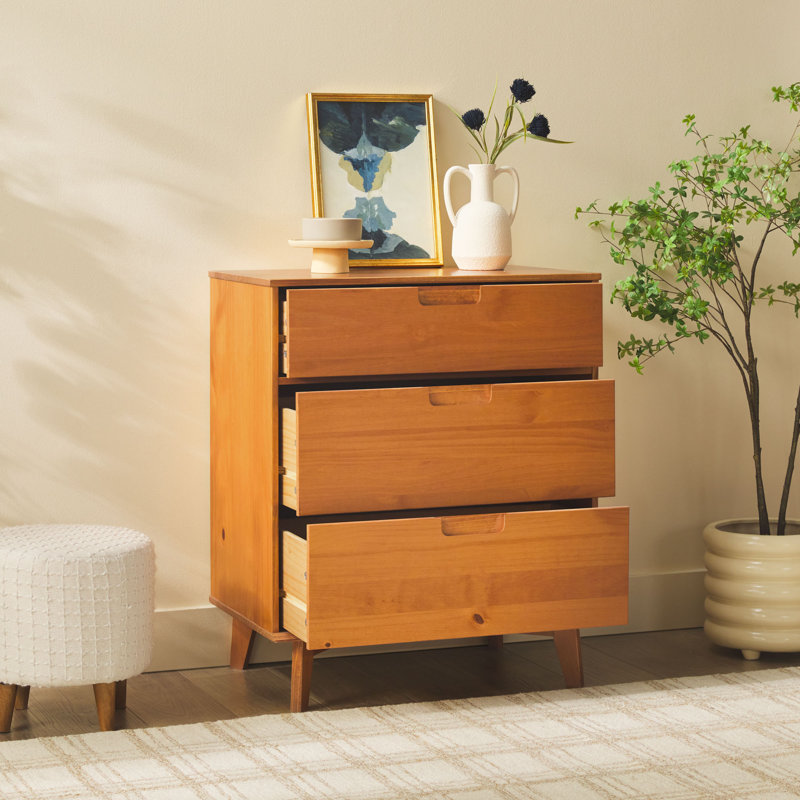 Yarber Groove 3 Drawer Solid Wood Chest, Caramel