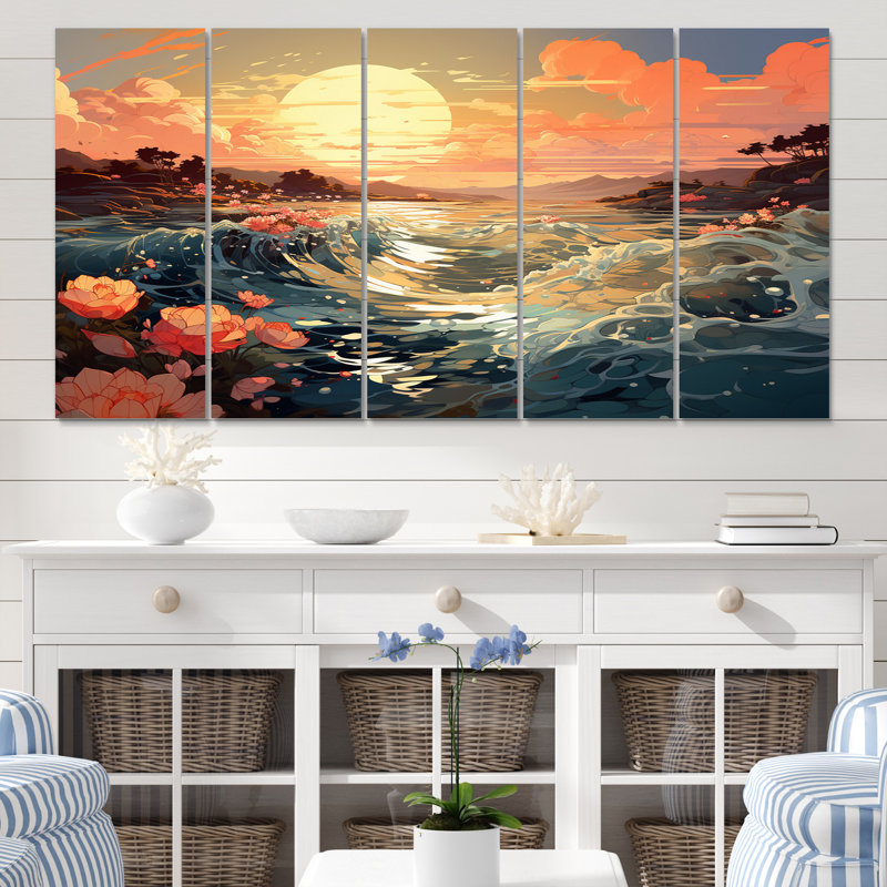 Glorious Blossoming Sunrise Over Ocean - reproduction sur toile de plage - 5 panneaux égaux