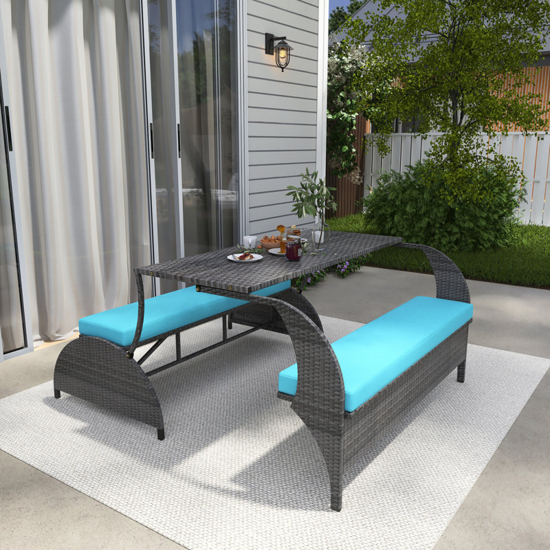4-Person Versatile Rectangle Wicker Outdoor Patio Dining Set With Cushions, Blue