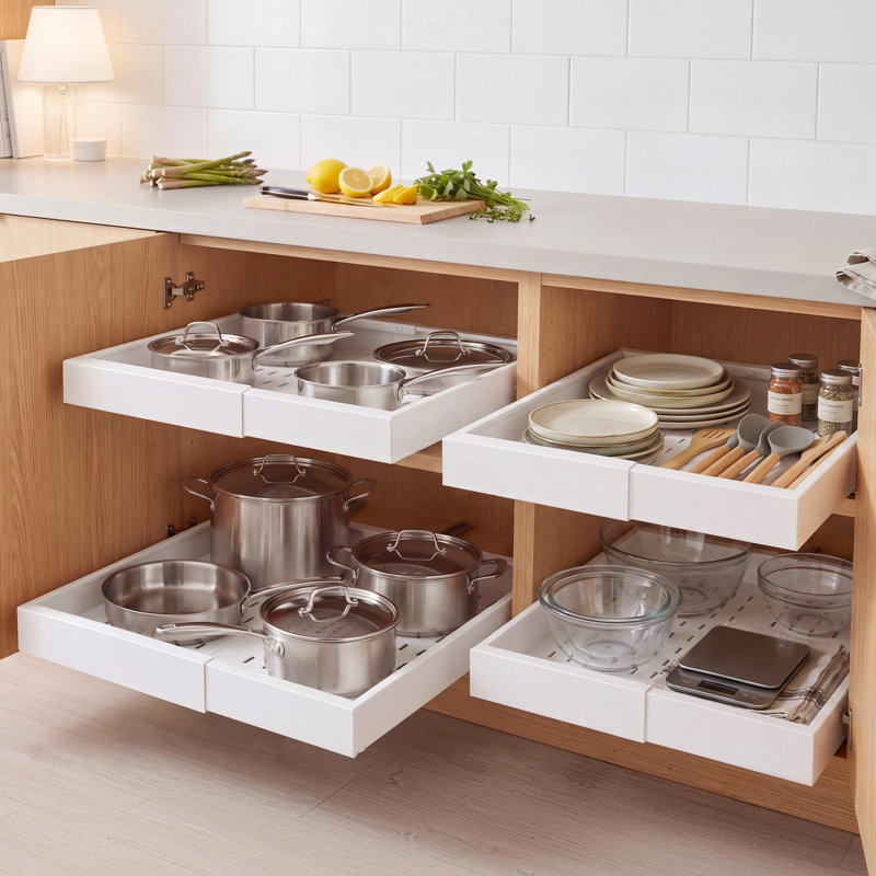Organisateur d'armoire coulissant, largeur extensible (12,2 po à 18,9 po), tiroirs coulissants profonds pour armoires de 20,47 po, tiroir coulissant pour organisateur d'armoire de cuisine avec bandes nano-adhésives, blanc