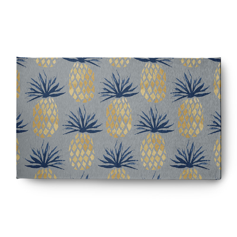 Tapis floral gris / bleu / jaune tissé à plat, Rectangle 3 pi x 5 pi