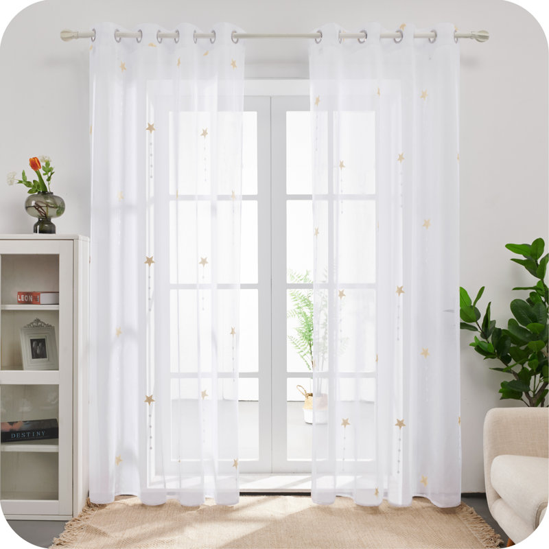 Star Embroidered Light Filtering Sheer Curtains (Set of 2), Khaki, 52" W x 96" L