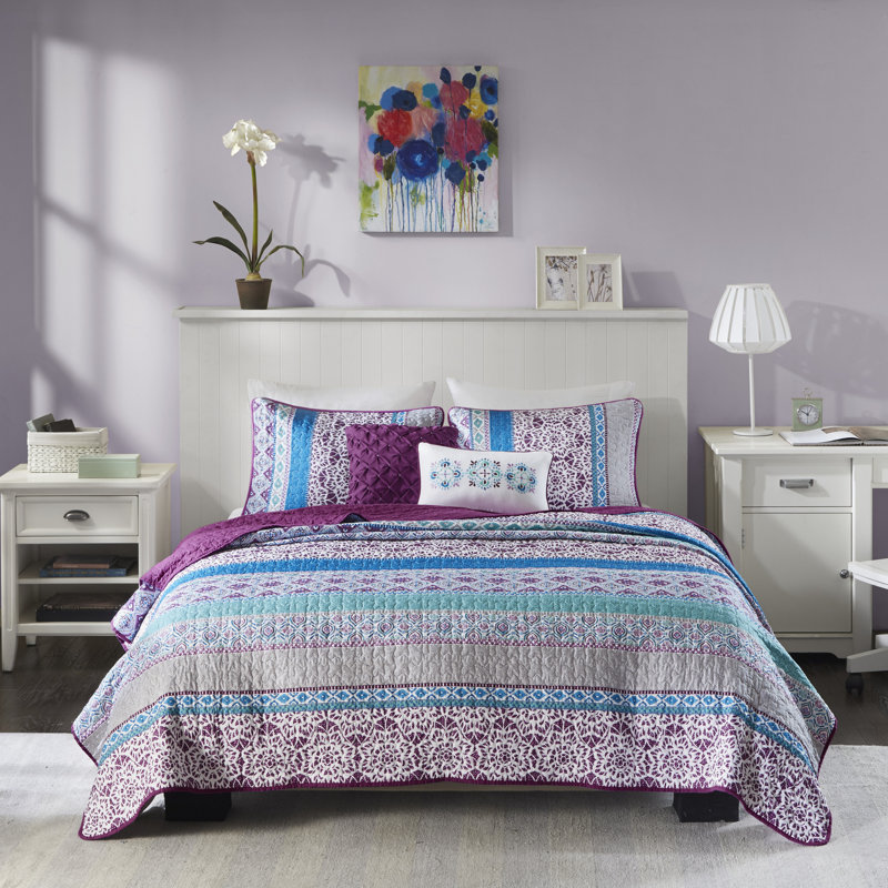 Purple Twin Boho-Chic Reversible Microfiber Coverlet Set